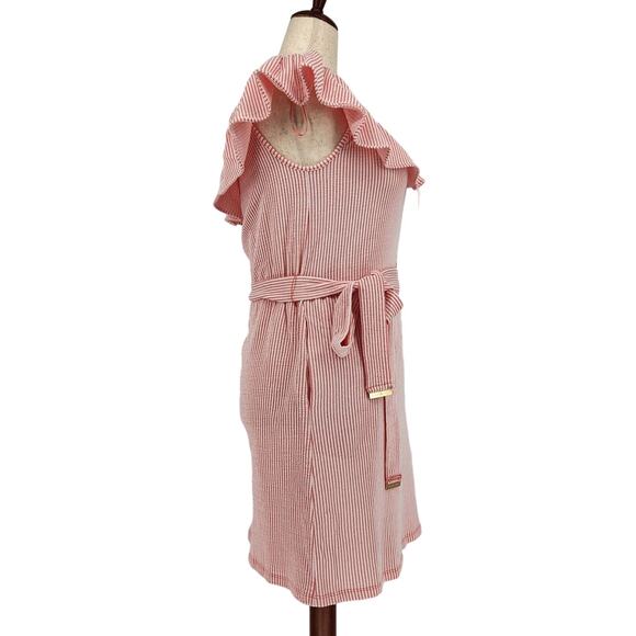 Michael Kors Women Pink Striped Casual Ruffle Off-the-Shoulder Mini Dress Size L - Picture 4 of 8